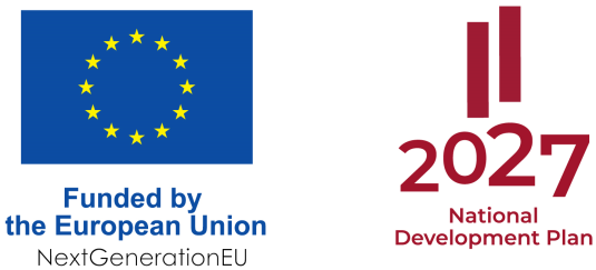 The image contains two logos. On the left side, there is the blue European Union emblem with 12 stars, accompanied by the text 'Financed by the European Union NextGenerationEU'. On the right side, there is a stylized '2027' in red with two vertical lines and the text 'National Development Plan