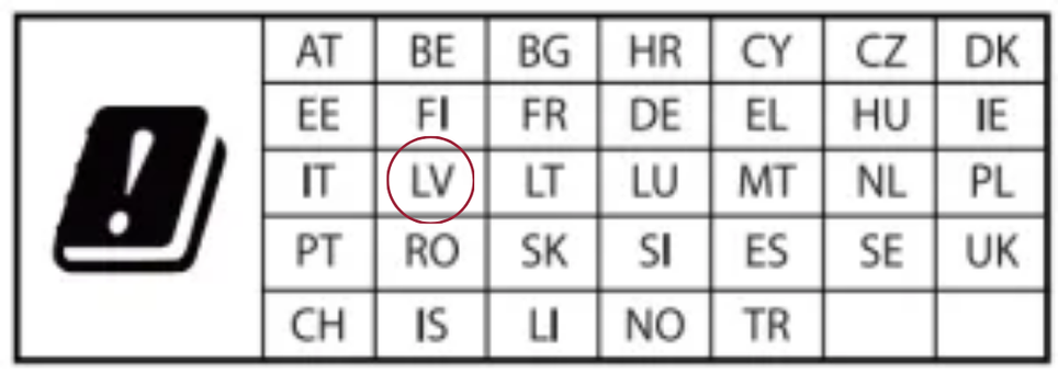 abula ar Eiropas valstu abreviatūrām; izcelts “LV”. Blakus simbols - melna grāmata ar izsaukuma zīmi vidū.