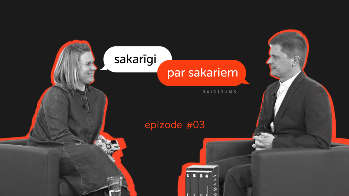 Raidījuma "Sakarīgi par sakariem" 2.epizodes titulslaids ar raidījuma vadītāju Inesi Janovu un raidījuma viesi Rinaldu Ritmani