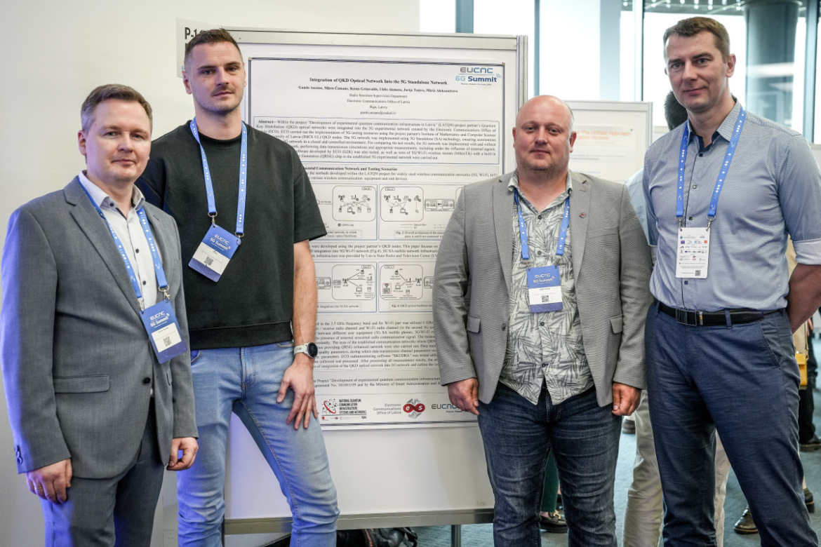 Četri vīrieši stāv posteru sesijā pie zinātniskā plakāta ar nosaukumu 'Integration of QKD Optical Network Into the 5G Standalone Network' Eiropas konferencē 'EuCNC & 6G Summit'. Visi valkā dalībnieku identifikācijas kartes un pozē kopbildē, fonā redzama izstādes vide ar citiem plakātiem un cilvēkiem.