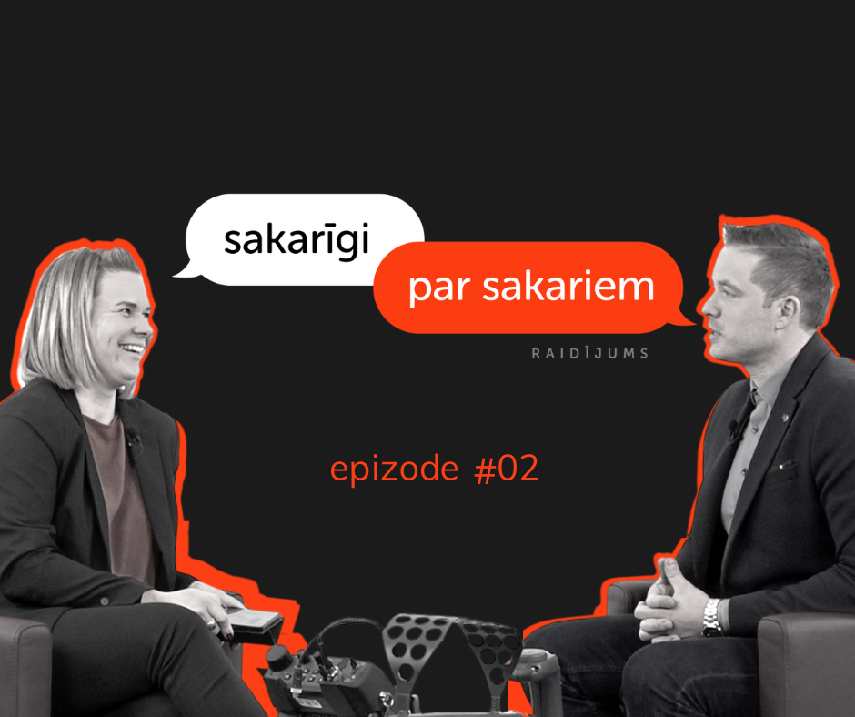 Raidījuma "Sakarīgi par sakariem" 2.epizodes titulslaids ar raidījuma vadītāju Inesi Janovu un raidījuma viesi Uldi Akmeni