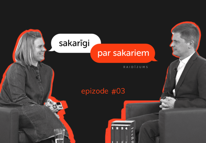 Raidījuma "Sakarīgi par sakariem" 2.epizodes titulslaids ar raidījuma vadītāju Inesi Janovu un raidījuma  viesi Rinaldu Ritmani